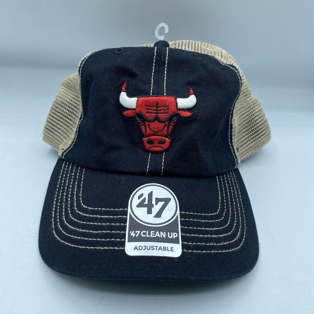 Chicago Bulls 47 Brand Hat 47 Clean Up Trucker Adjustable Black Beige Mesh NWT